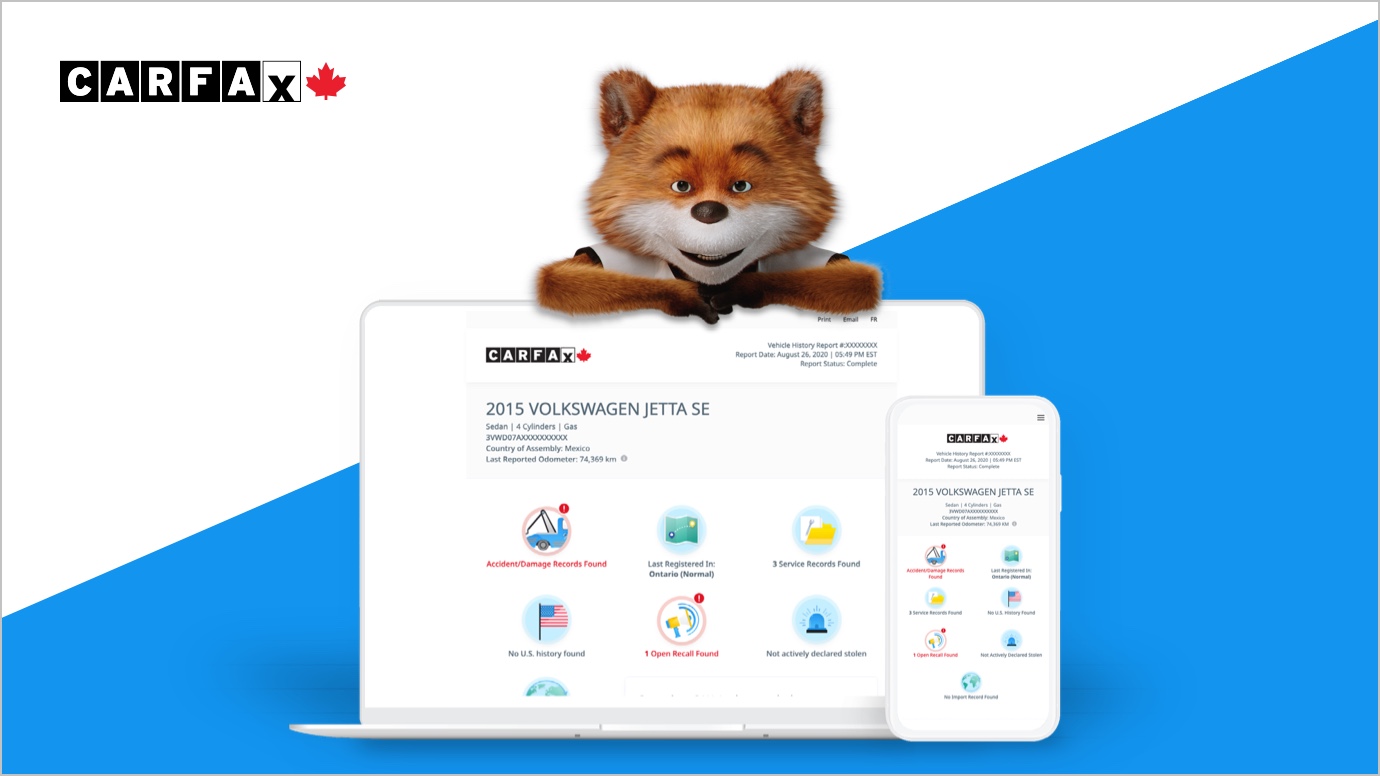 CARFAX Canada’s mascot, CAR FOX, with a CARFAX Canada Vehicle History Report displayed on a desktop and mobile phone.